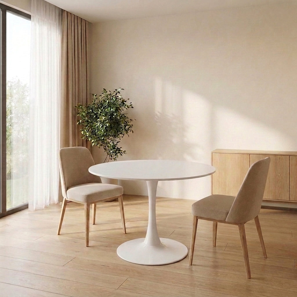 White tulip dining table with two beige upholstered chairs angled around it in a sunlit room