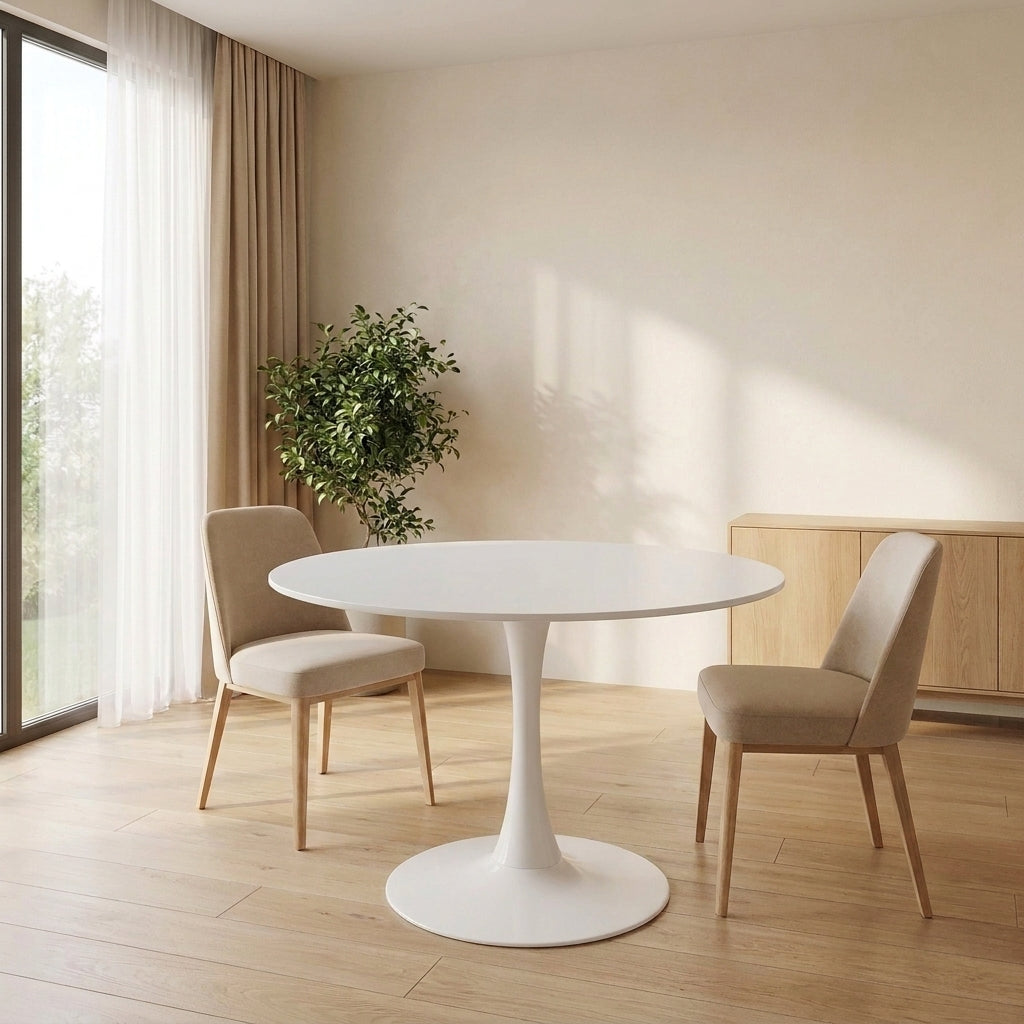 Wide view of the Velets white tulip dining table with two beige chairs and a wooden sideboard