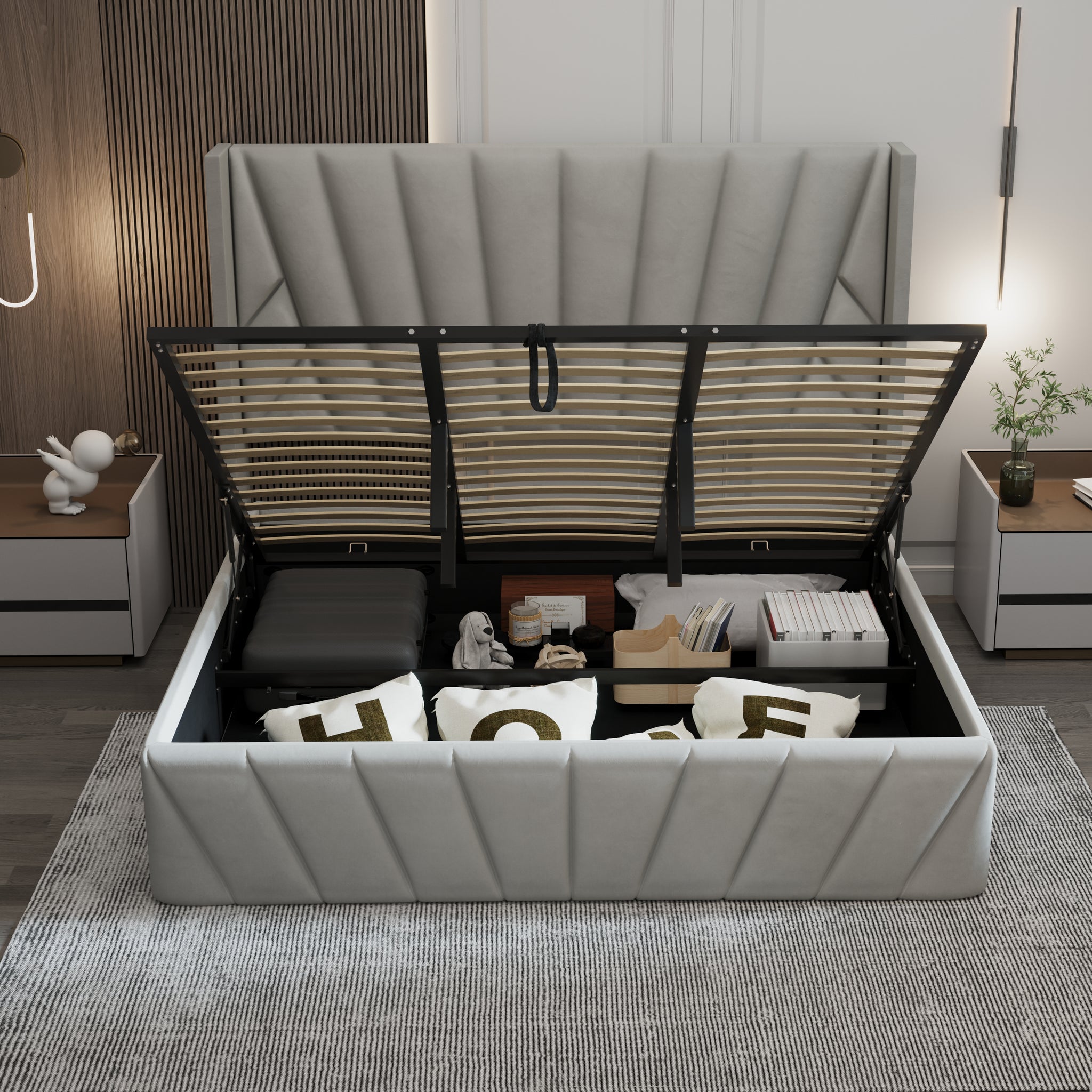 Eva Lift-Up Storage Bed – Light Gray