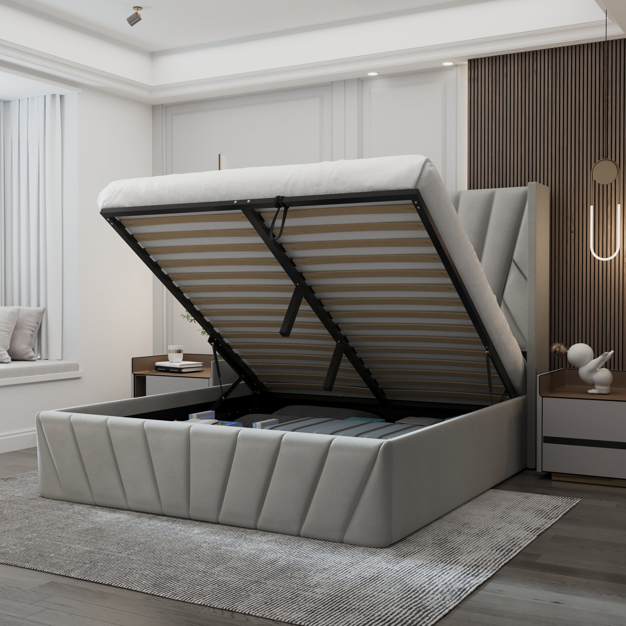 Eva Lift-Up Storage Bed – Light Gray