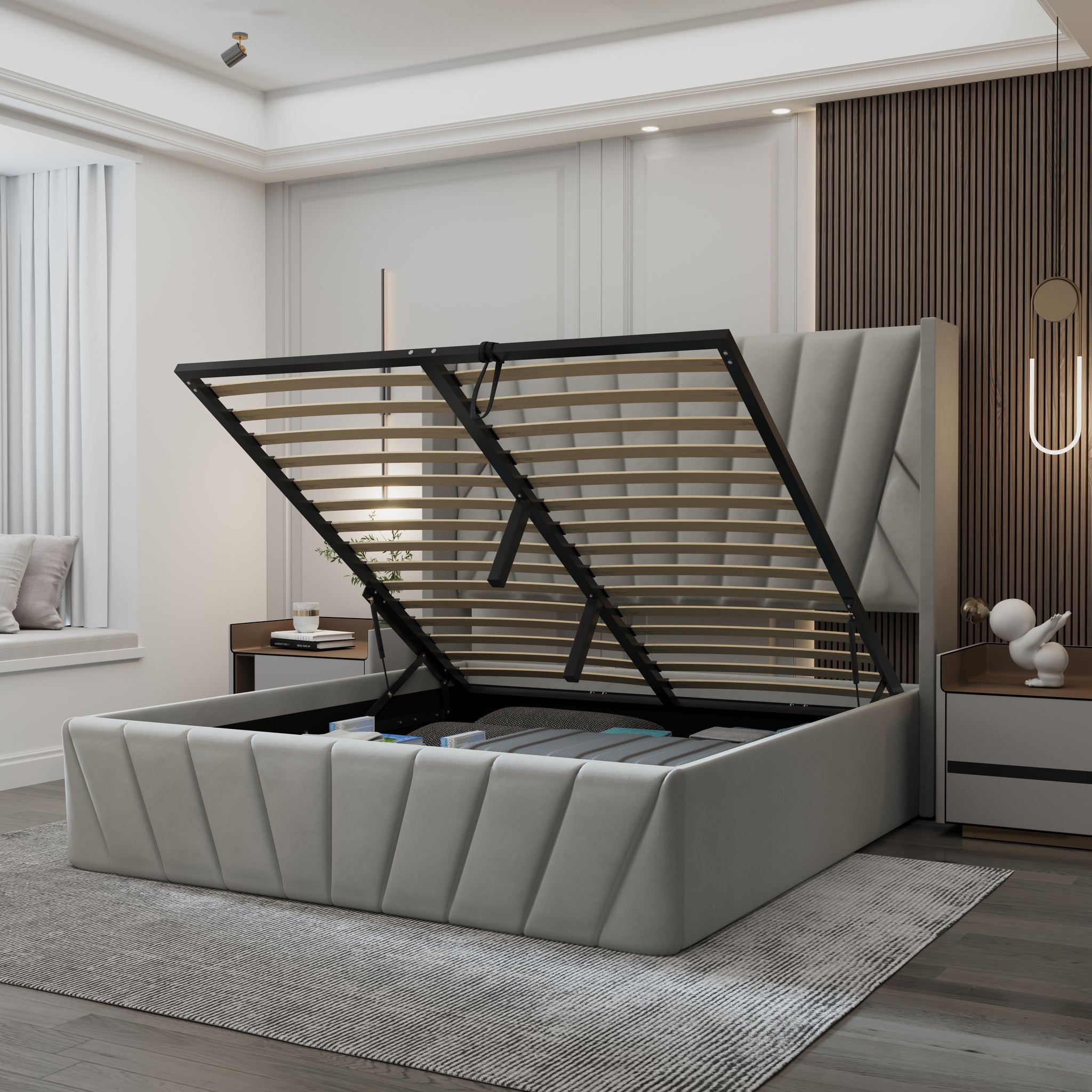 Eva Lift-Up Storage Bed – Light Gray
