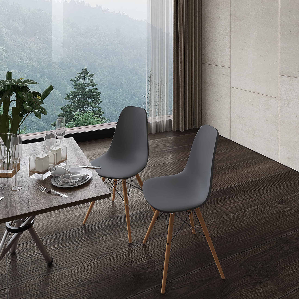 Ensemble de 4 chaises d'appoint/de salle à manger Eifel en plastique avec pieds en bois - Gris 