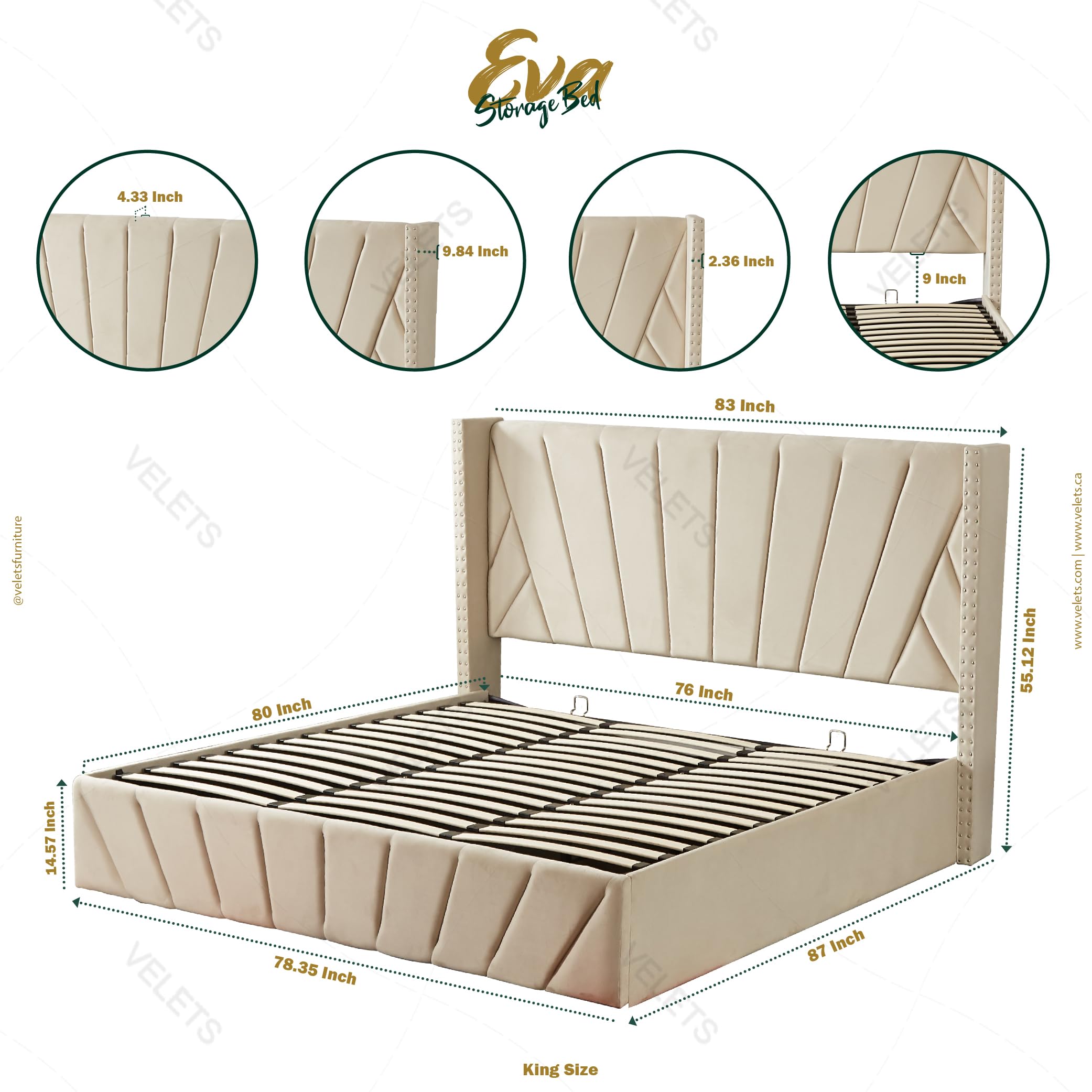 Velets EVA Upholstered Platform Bed with Hydraulic Storage – Solid Wood Frame – Queen/King Size – Dark Gray
10