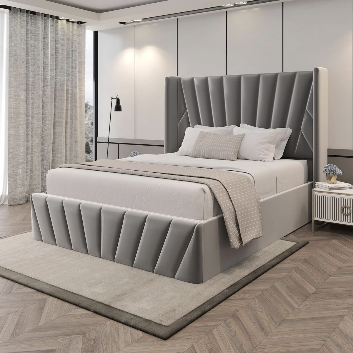 Velets EVA Upholstered Platform Bed with Hydraulic Storage – Solid Wood Frame – Queen/King Size – Dark Gray
