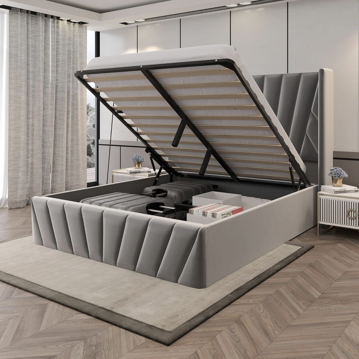Velets EVA Upholstered Platform Bed with Hydraulic Storage – Solid Wood Frame – Queen/King Size – Dark Gray
