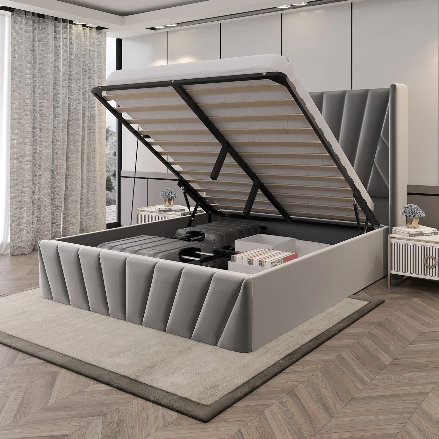 Velets EVA Upholstered Platform Bed with Hydraulic Storage – Solid Wood Frame – Queen/King Size – Dark Gray
