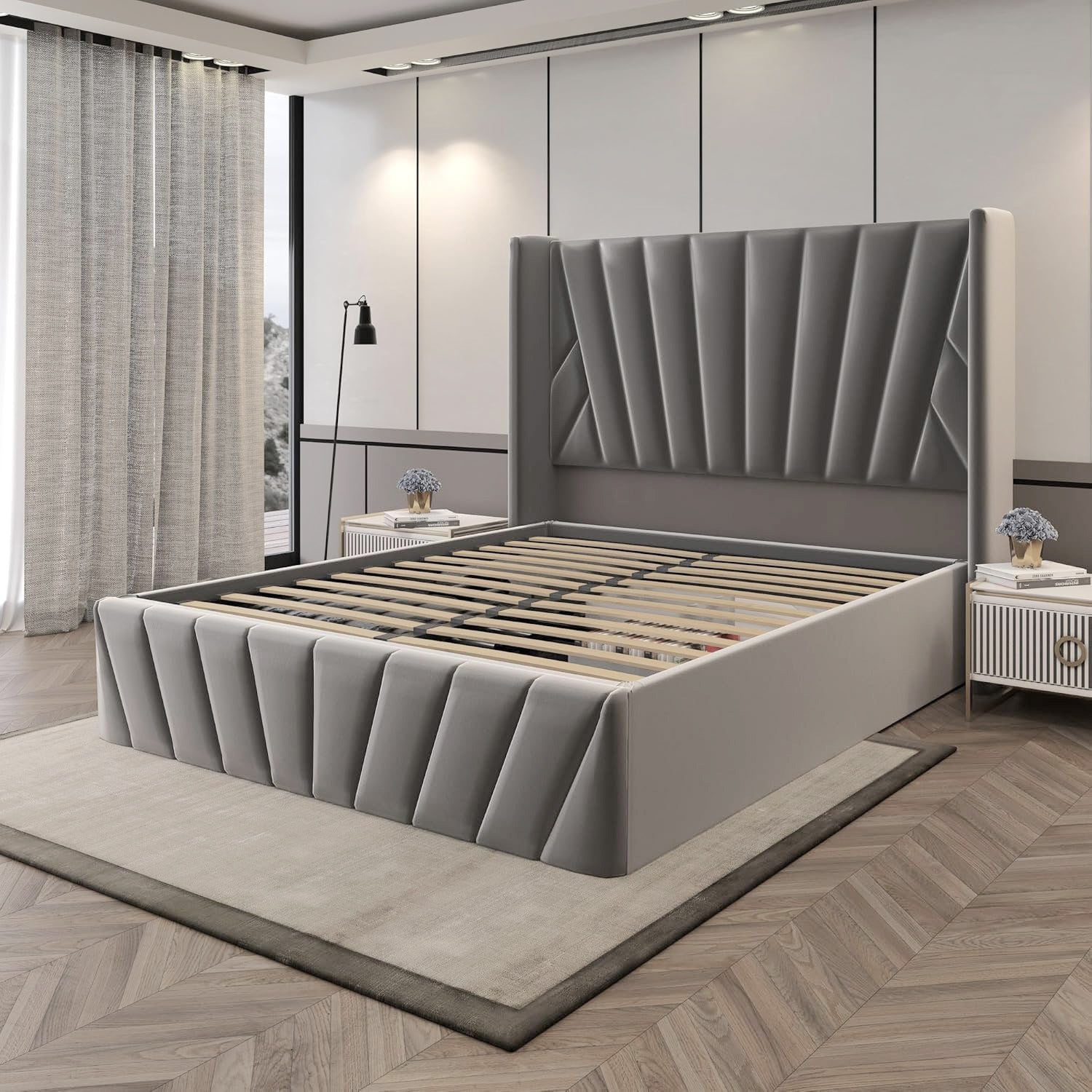 Velets EVA Upholstered Platform Bed with Hydraulic Storage – Solid Wood Frame – Queen/King Size – Dark Gray

