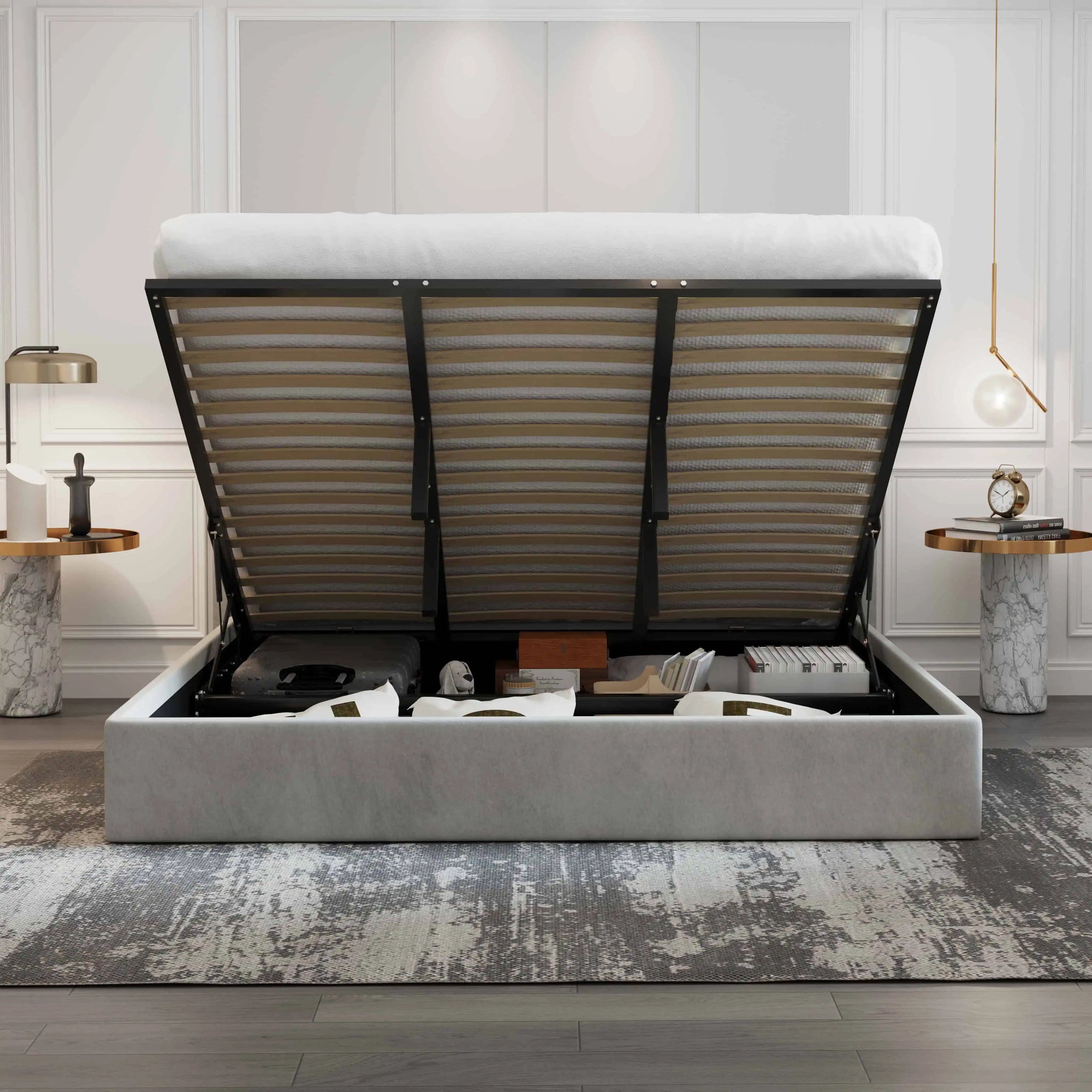 Oliver Hydraulic Lift-Up Storage Bed – Light Gray