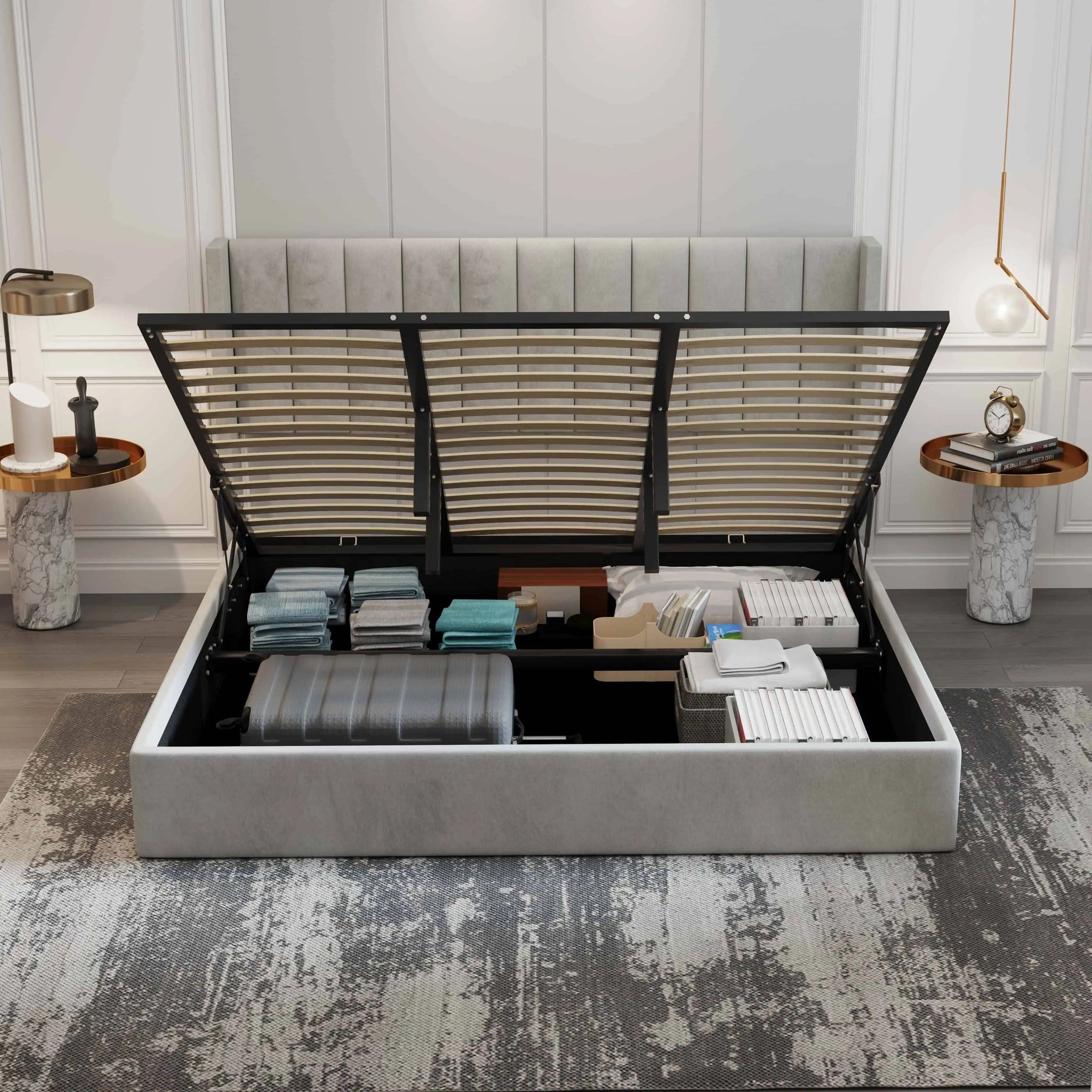 Oliver Hydraulic Lift-Up Storage Bed – Light Gray