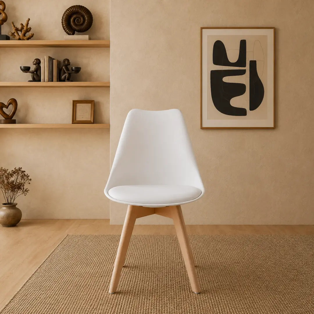 Velets Set of 4 Casper White Plastic Side Chairs with Wooden Legs 