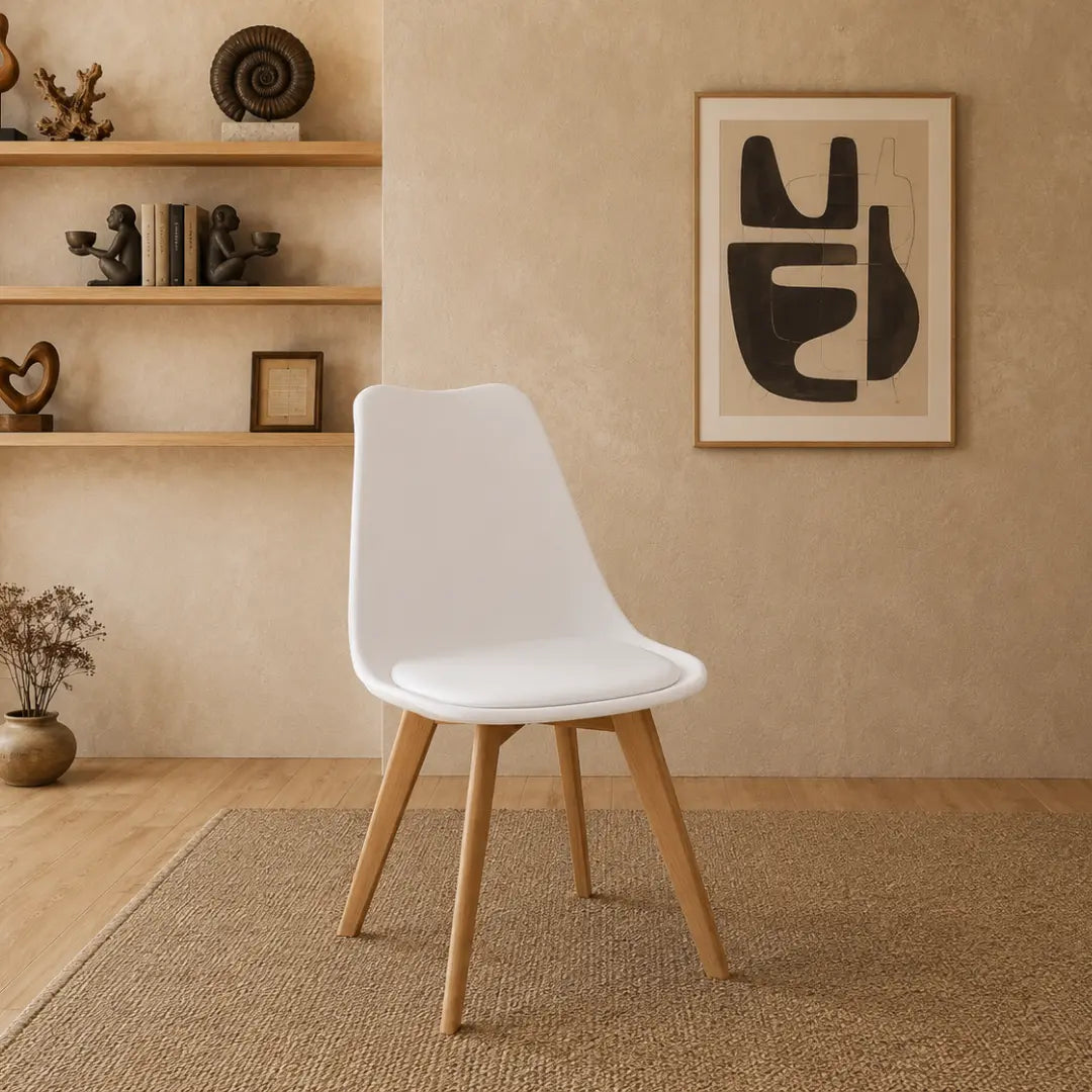 Velets Set of 4 Casper White Plastic Side Chairs with Wooden Legs