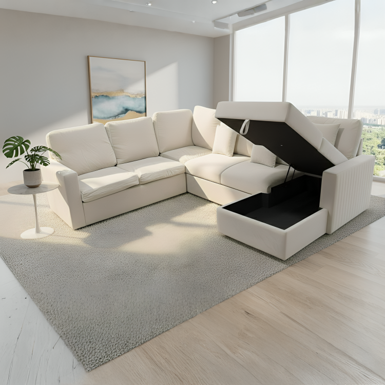 Viana Storage U Shape Velvet Beige Sofa