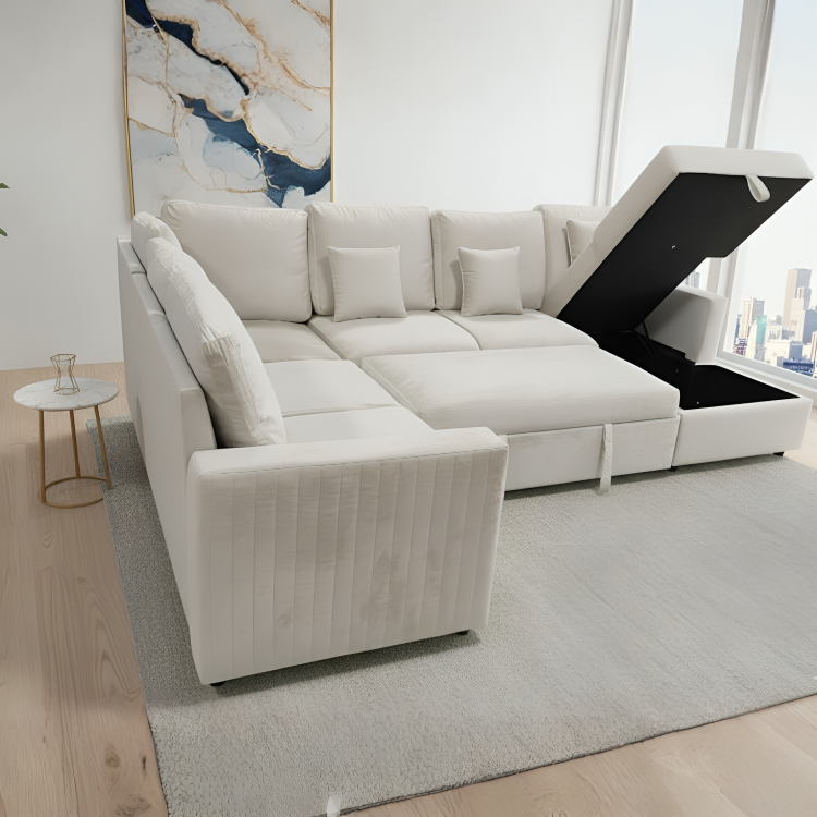 Viana Storage U Shape Velvet Beige Sofa