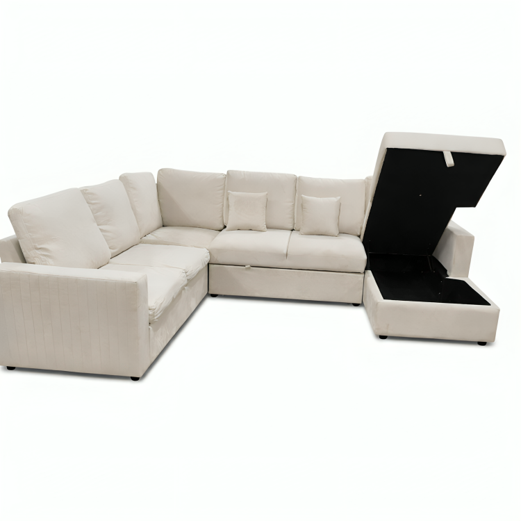 Viana Storage U Shape Velvet Beige Sofa