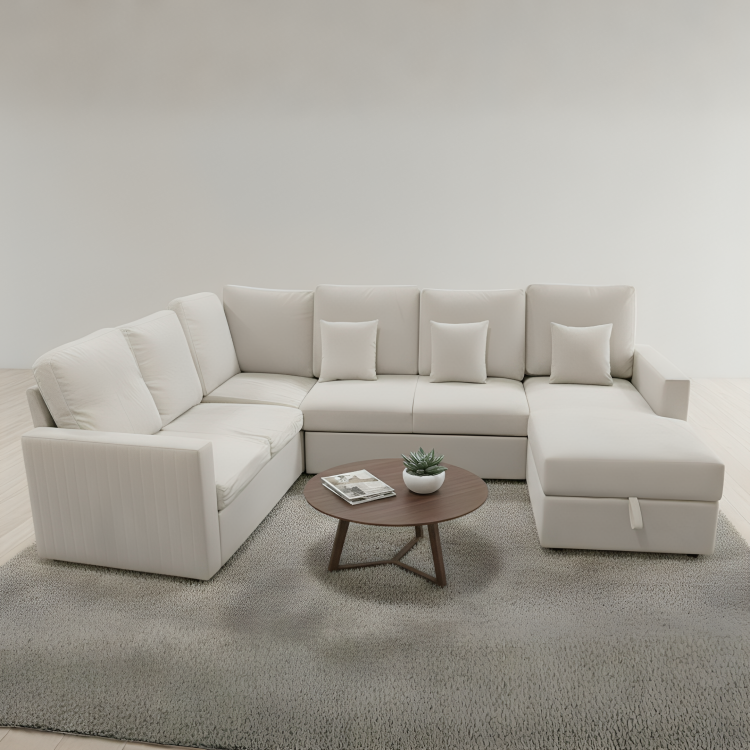 Viana Storage U Shape Velvet Beige Sofa