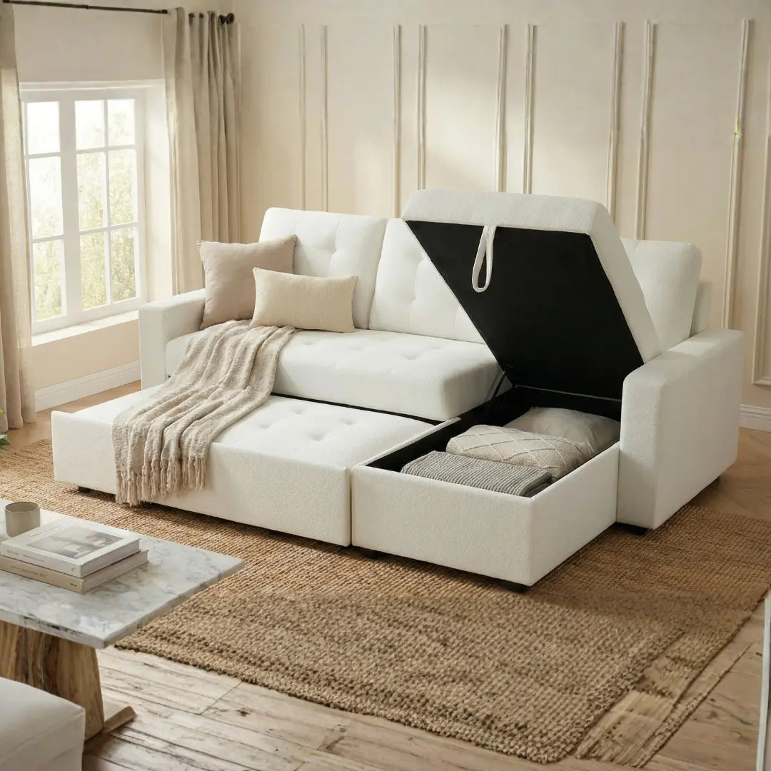 Zane Boucle White Sofa Bed with Hidden Storage