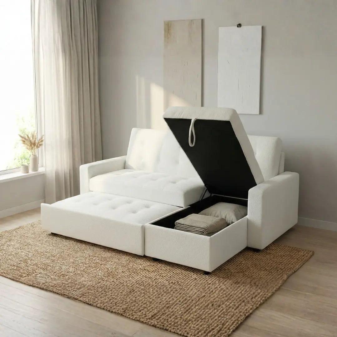 Zane Boucle White Sofa Bed with Hidden Storage