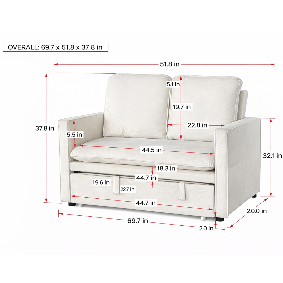 Zoya Ivory Double Size Pull Out Sofa Velvet Bed