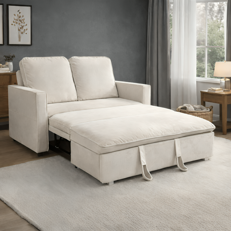 Zoya Ivory Double Size Pull Out Sofa Velvet Bed
