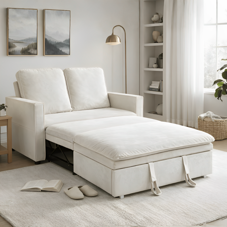 Zoya Ivory Double Size Pull Out Sofa Velvet Bed