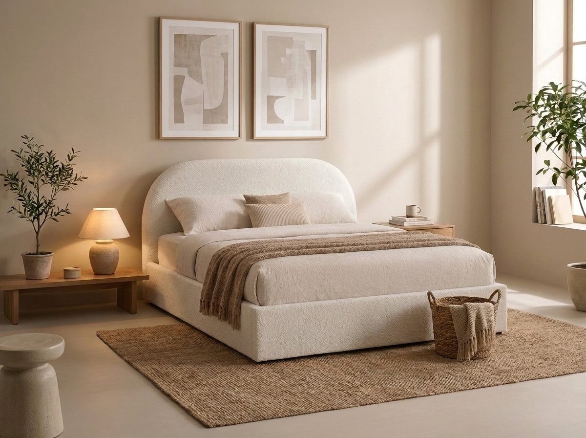 A modern upholstered bed in a warm beige fabric, styled in a minimalist bedroom with a matching beige headboard, neutral bedding, a brown throw blanket, a woven rug, and framed abstract wall art.