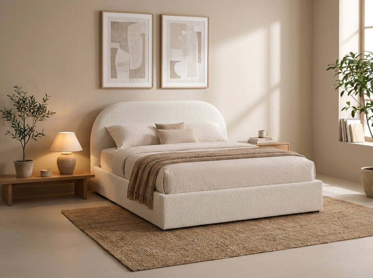 A modern upholstered bed in a warm neutral bedroom setting, featuring a curved headboard, cream bedding, a brown throw blanket, a woven jute rug, and matching abstract wall art.
