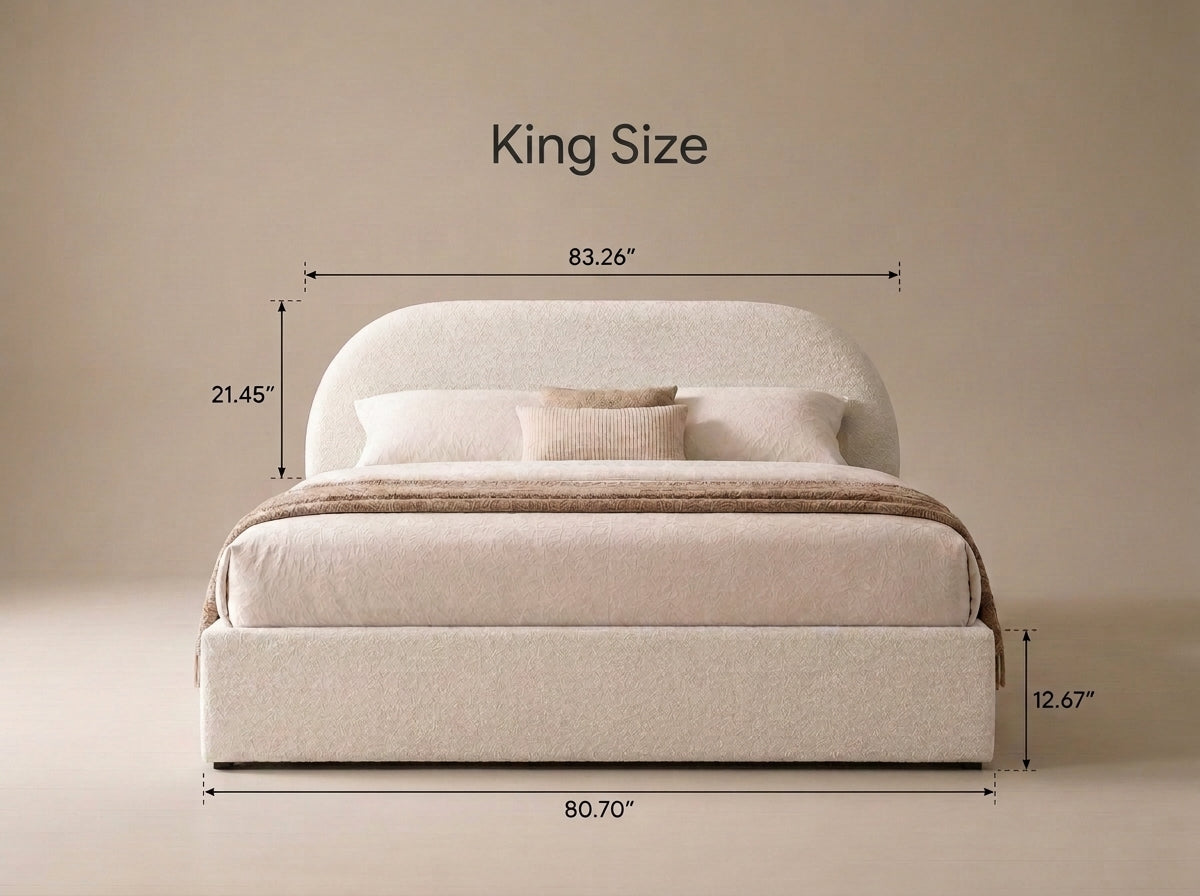 King size upholstered bed with dimension callouts showing width, height, and depth measurements against a warm beige background.