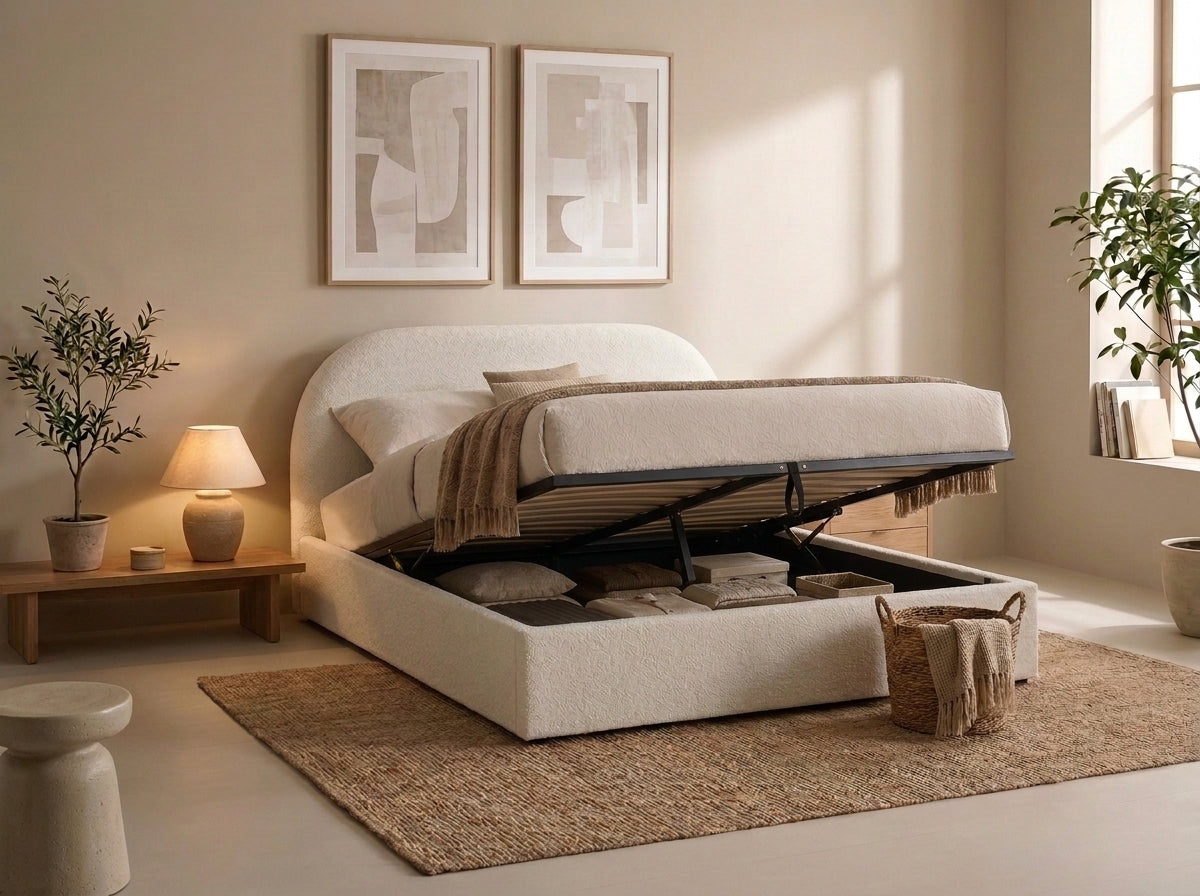 Velets Flora upholstered storage bed with mattress base lifted in a bedroom, showing under-bed storage.