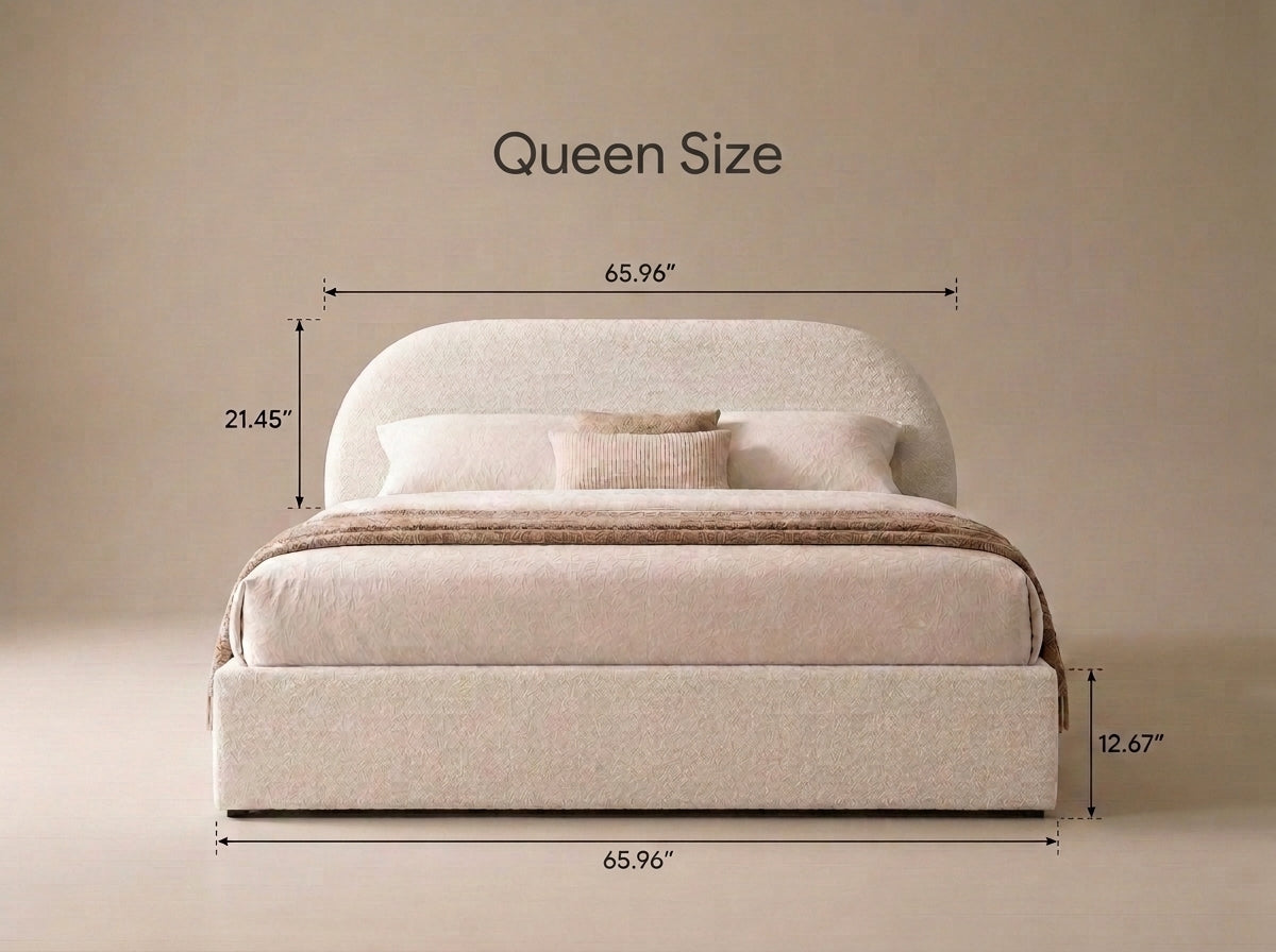 An upholstered queen-size bed shown against a warm beige background with overlaid dimension labels and arrows indicating width and height measurements.